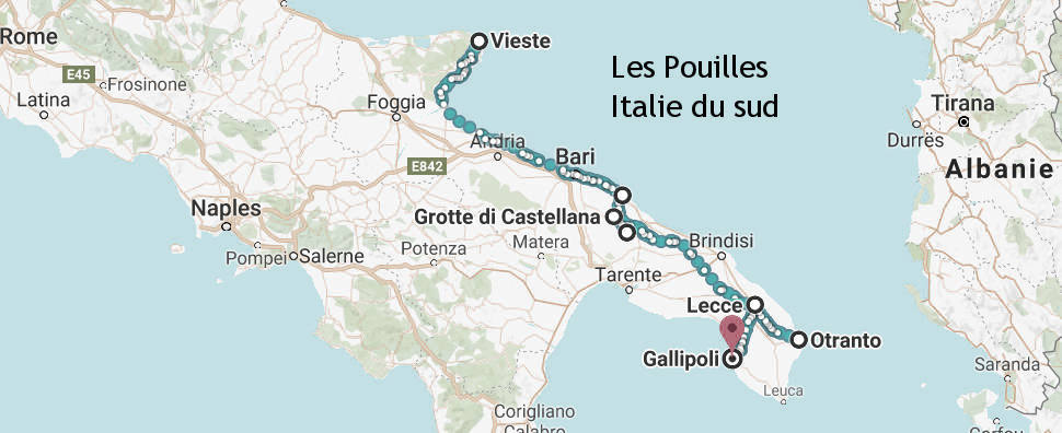 Carte itinéraire voyage dans les Pouilles